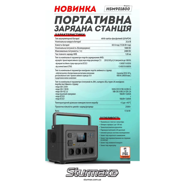 Портативна зарядна станція Sturmax 1800Вт/год HSM901800