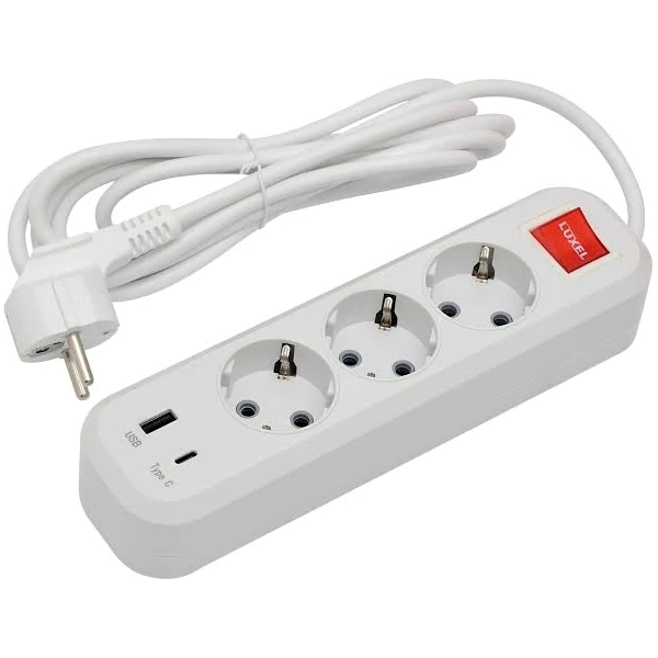 Подовжувач Luxel 3 гнізда 3м+вимикач з/з+USB+Type C 7193